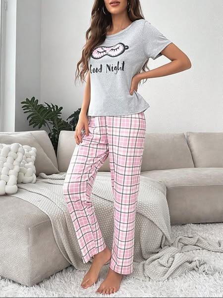 Grey good night Half Sleeves with pink check trouser The Ultimate Dream Wear Sleep Suit - KO23
