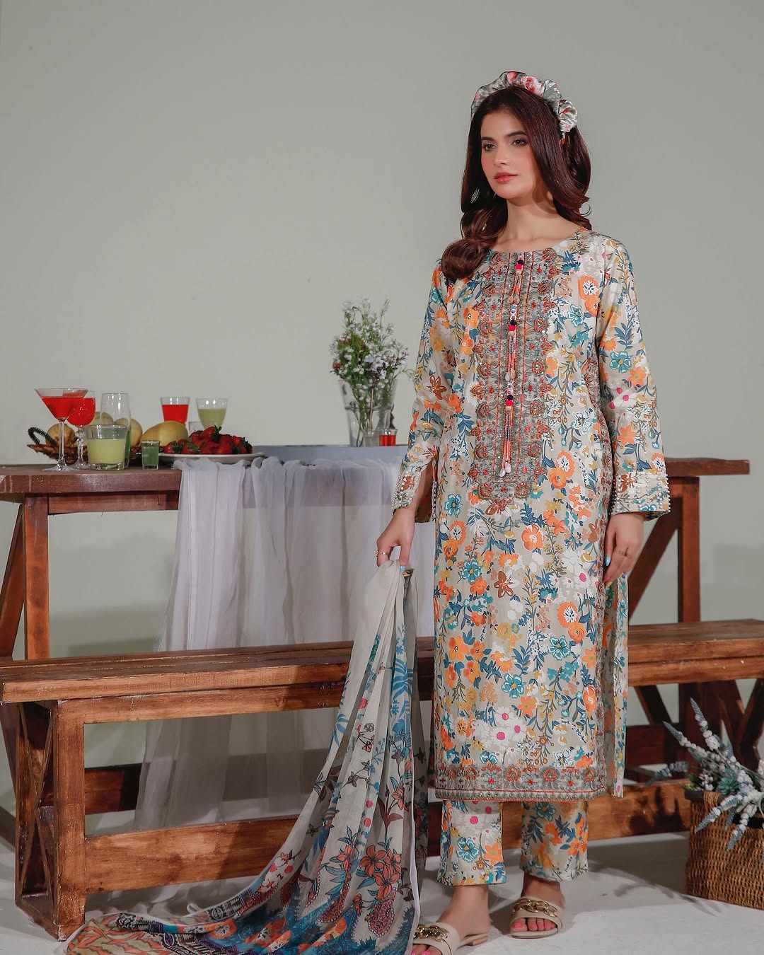 3PC Embroidered Kurta Set & Printed Monar Dupatta - KO16
