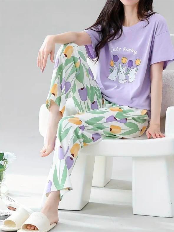 Lilac bunny Printed Half Sleeves Night Suit The Ultimate Dream Wear Sleep Suit - KO18