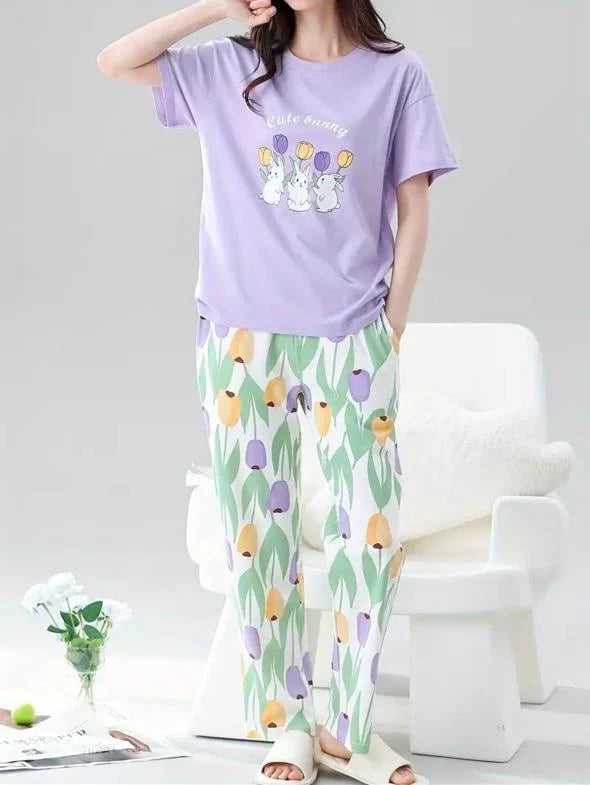 Lilac bunny Printed Half Sleeves Night Suit The Ultimate Dream Wear Sleep Suit - KO18