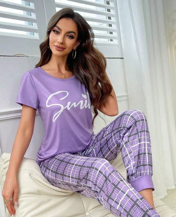 Purple Smile Print Half Sleeves With Check Trouser The Ultimate Dream Wear Sleep Suit - KO20