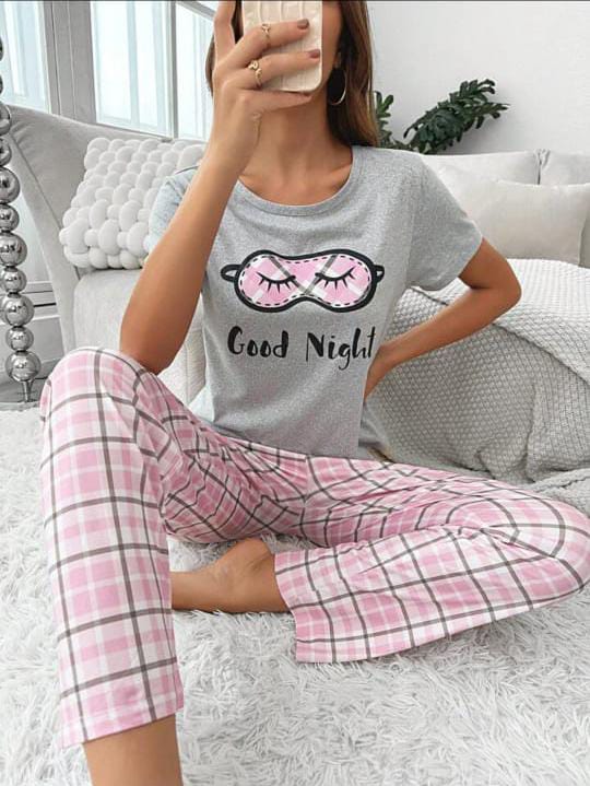 Grey good night Half Sleeves with pink check trouser The Ultimate Dream Wear Sleep Suit - KO23