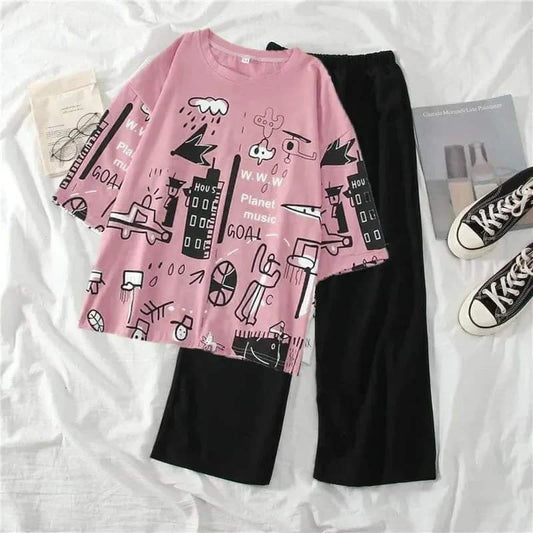 Pink Multi Printed Half Sleeves The Ultimate Dream wear Sleep Suit - KO22
