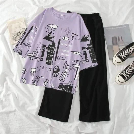 Purple Multi Printed Half Sleeves The Ultimate Dream wear Sleep Suit - KO21