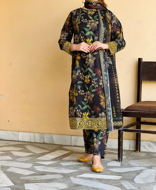 3PC Embroidered Kurta Set & Printed Monar Dupatta - KO14