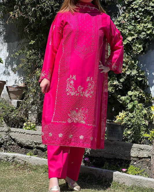 3PC Boring Embroidered Work With Monar Digital Dupatta - KO17