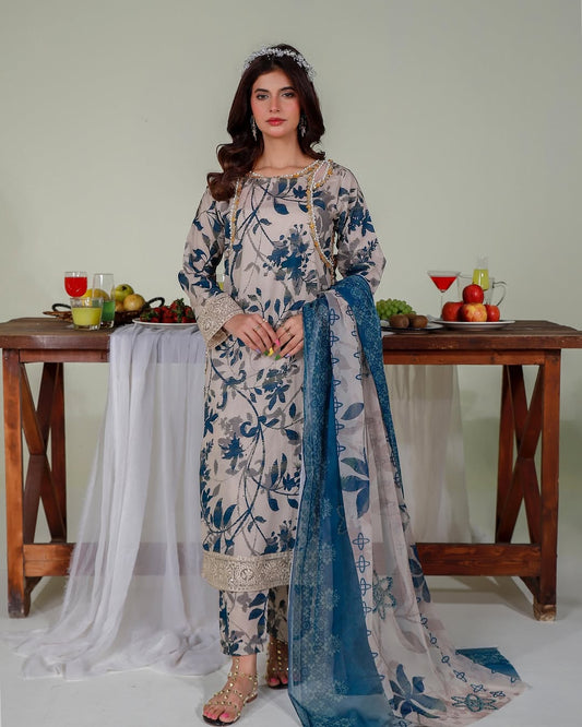 3PC Embroidered Kurta Set & Printed Monar Dupatta - KO15