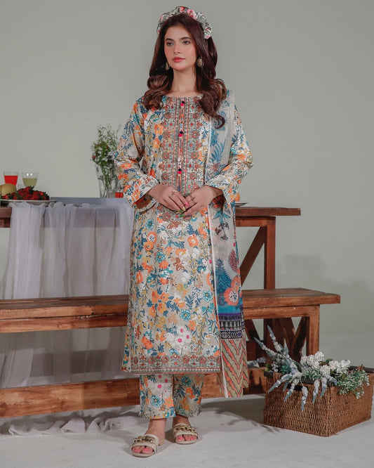 3PC Embroidered Kurta Set & Printed Monar Dupatta - KO16