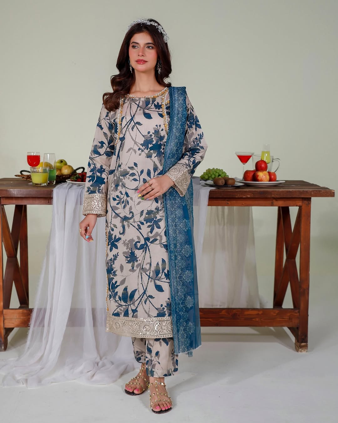 3PC Embroidered Kurta Set & Printed Monar Dupatta - KO15