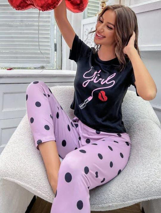 Black Girl Printed with Polkadot Trouser The Ultimate Dream Wear Sleep Suit - KO24