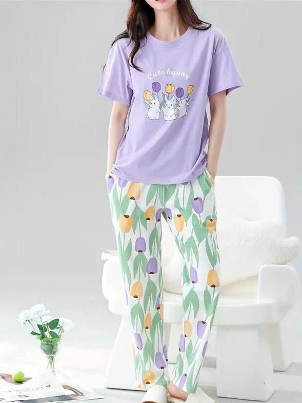 Lilac bunny Printed Half Sleeves Night Suit The Ultimate Dream Wear Sleep Suit - KO18