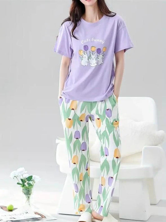 Lilac bunny Printed Half Sleeves Night Suit The Ultimate Dream Wear Sleep Suit - KO18