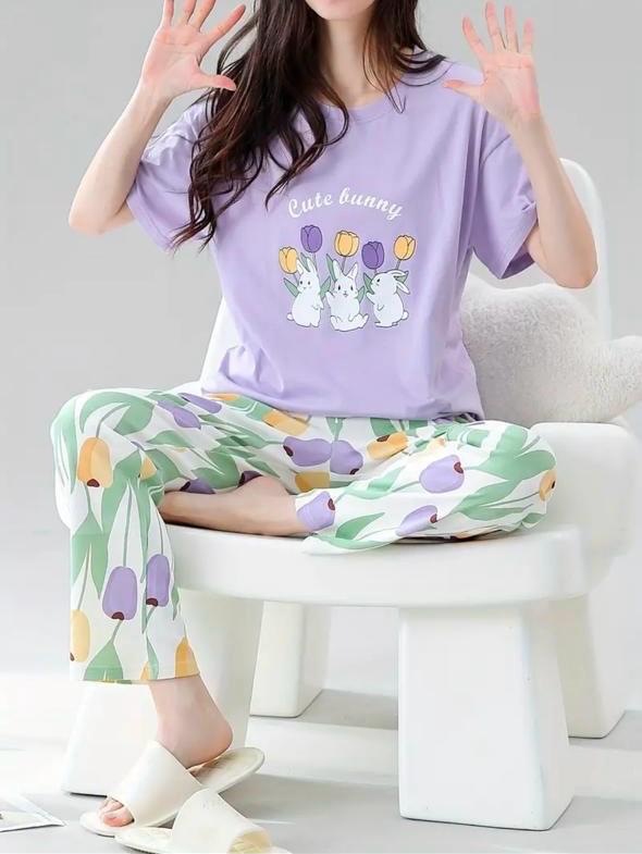 Lilac bunny Printed Half Sleeves Night Suit The Ultimate Dream Wear Sleep Suit - KO18