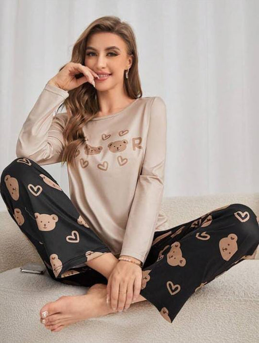Light Brown Bears Printed Full Sleeves with Black Trouser The Ultimate Dream Wear Sleep Suit - KO26