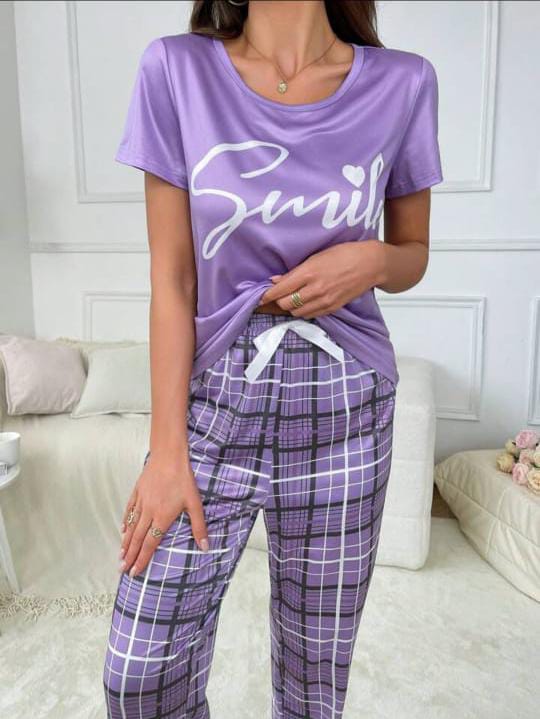 Purple Smile Print Half Sleeves With Check Trouser The Ultimate Dream Wear Sleep Suit - KO20