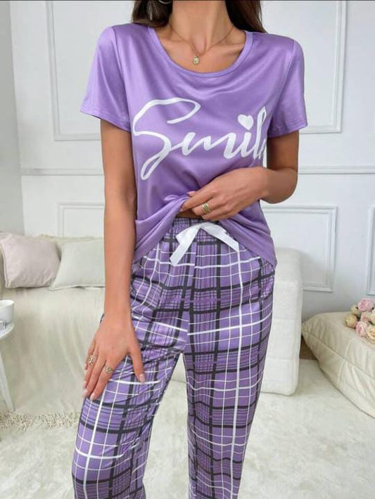 Purple Smile Print Half Sleeves With Check Trouser The Ultimate Dream Wear Sleep Suit - KO20