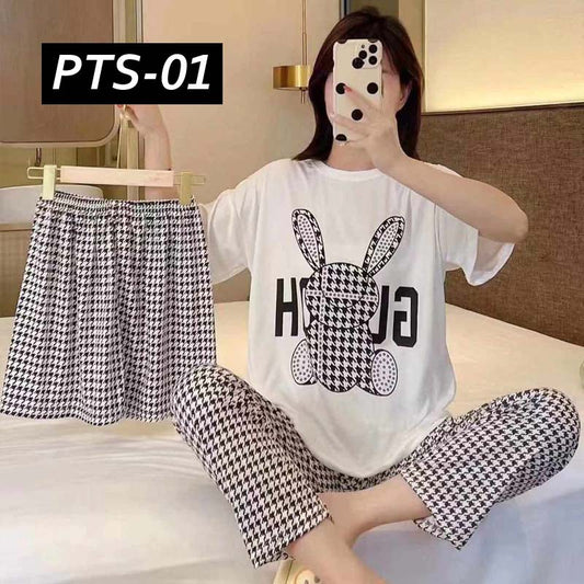 Arrow Printed 3-Pcs Summer Launge & Night Wear Suit. - KO29